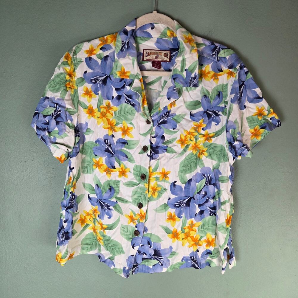 Caribbean Joe Floral Tropical Print Hawaiian Button Down Short Sleeve Shirt